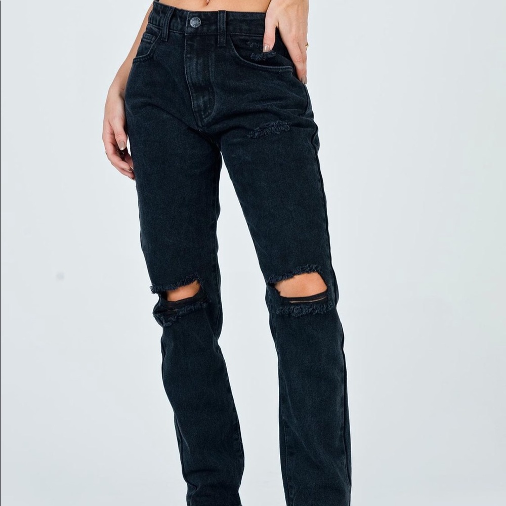 Princess Polly HAYDEN KNEE RIP JEANS BLACK DENIM